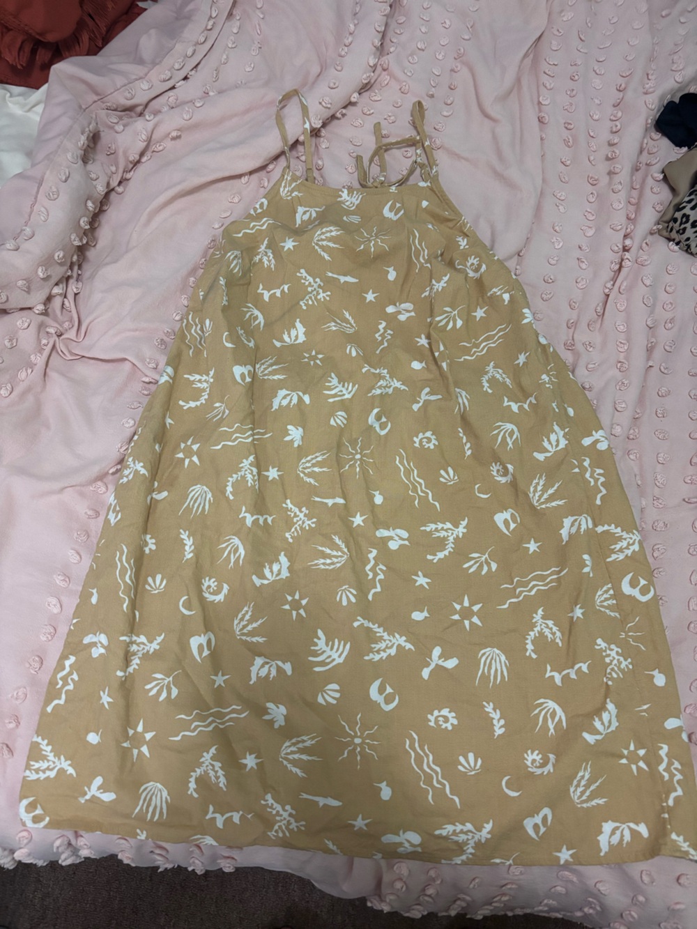 Target Backless Spaghetti-Strap Midi Dress in Tan with White Print